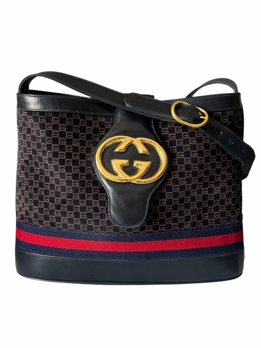 GUCCI Navy/Brown Suede GG Monogram Sherry Line Shoulder Bag